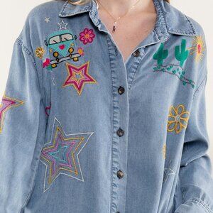 Groovy 70's Vibe Embroidered Button Down Tencel Shirt by BlueVelvet